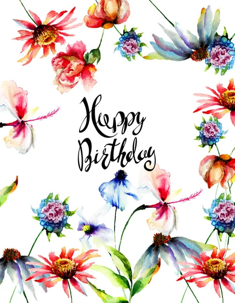 Шаблон листівки на день народження з літніми квітами — стокове фото
