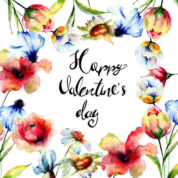 Wild flowers with title Happy Valentine’s day — Stock Photo, Image