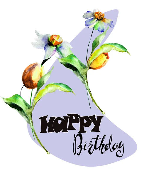 Watercolor painting with flowers and title Happy Birthday — Stock Photo, Image
