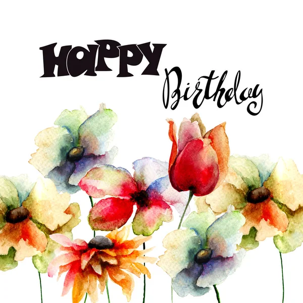 Modelo de cartão de aniversário com flores originais — Fotografia de Stock