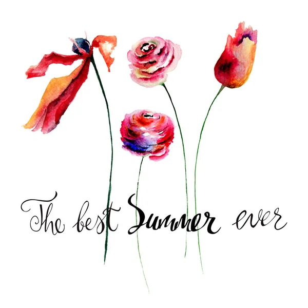 Tulipas e rosas flores com título o melhor verão de sempre — Fotografia de Stock