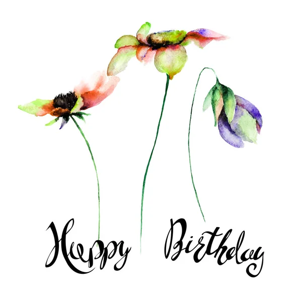 风格的花朵水彩插图与标题快乐生日 — 图库照片