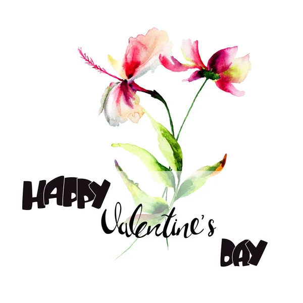 Hibiscus en Cosmea bloemen met titel Happy Valentine's day — Stockfoto