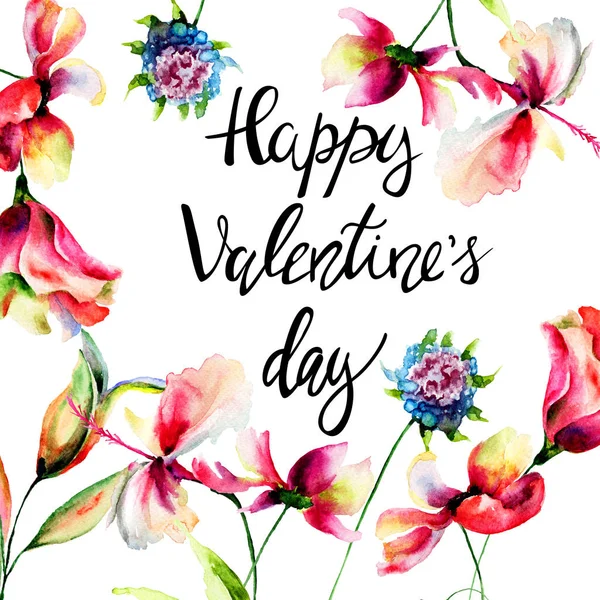 Ibišek a Cosmea květy s názvem Happy Valentine den — Stock fotografie