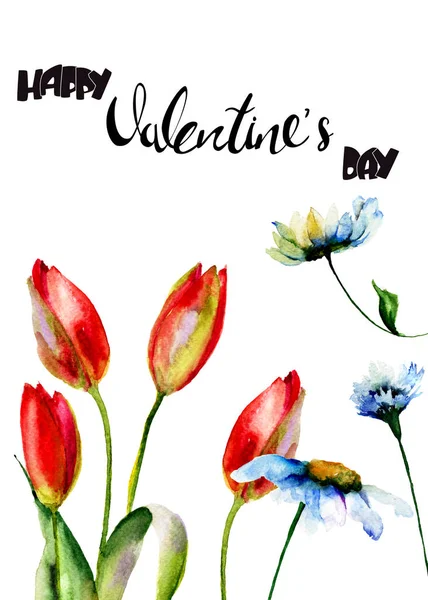 Ευχετήρια κάρτα με λουλούδια μαργαρίτες και τουλίπες — Φωτογραφία Αρχείου