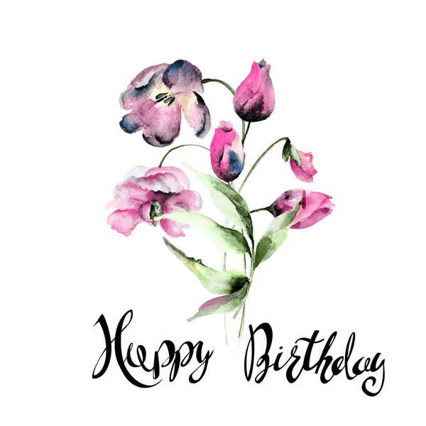 Schöne Tulpenblumen mit Titel Happy Birthday, — Stockfoto