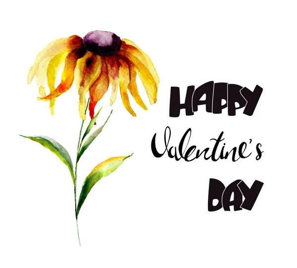 Flor amarilla Gerbera con título Feliz día de San Valentín — Foto de Stock