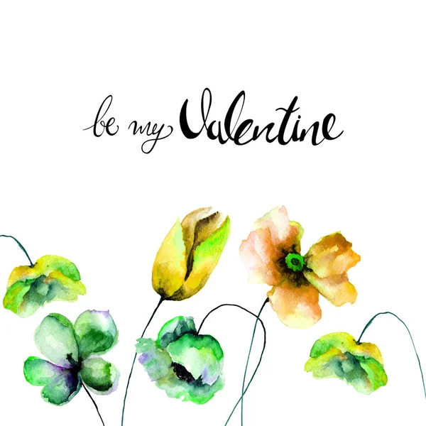 Blahopřání s květy máku a tulipány — Stock fotografie