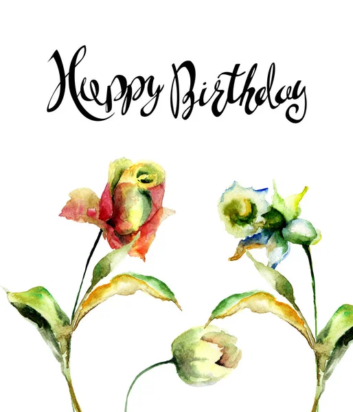 Rose Tulpen Und Narzissenblumen Mit Titel Happy Birthday Aquarell Illustration — Stockfoto