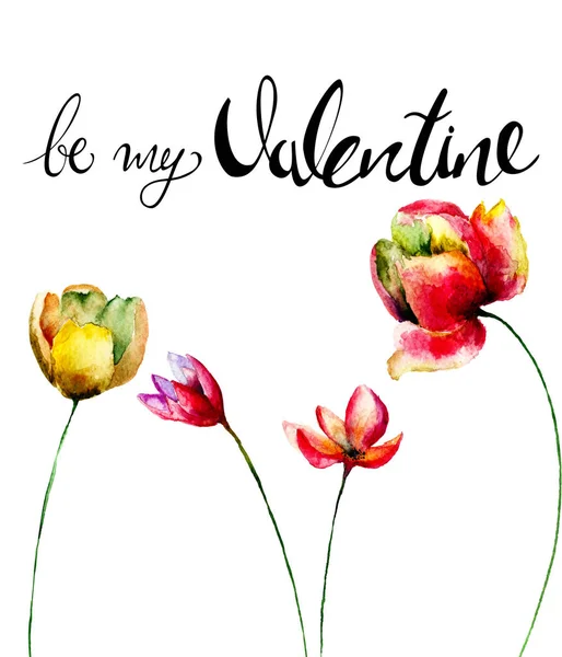 Original Watercolor Illustration Flowers Title Valentine Hand Drawn Lettering Design — Stock Photo, Image