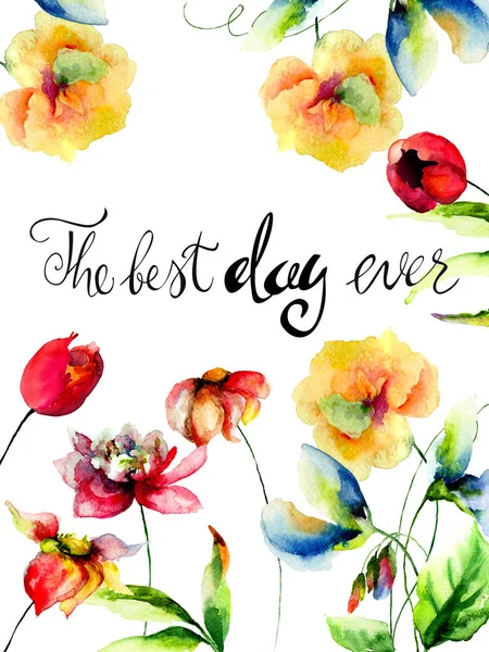 Romantic Flowers Title Best Day Ever Watercolor Illustratio — Stock Photo, Image
