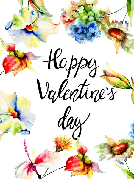 Stylizowane Kwiaty Tytułu Happy Valentines Day Akwarela Ilustracja Ręcznie Malowane — Zdjęcie stockowe