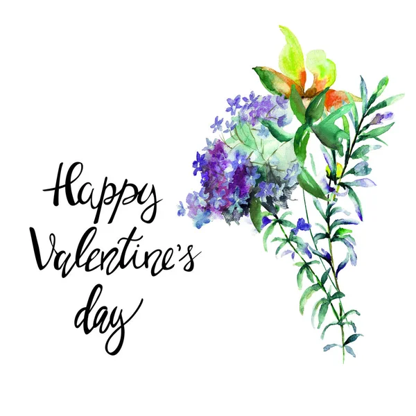 Beautiful Wild Flowers Title Happy Valentines Day Watercolor Illustration Hand — Stock Photo, Image