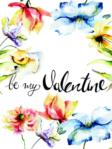 Wildblumen Mit Titel Sei Mein Valentinstag Aquarell Illustration Kartenvorlage Für — Stockfoto