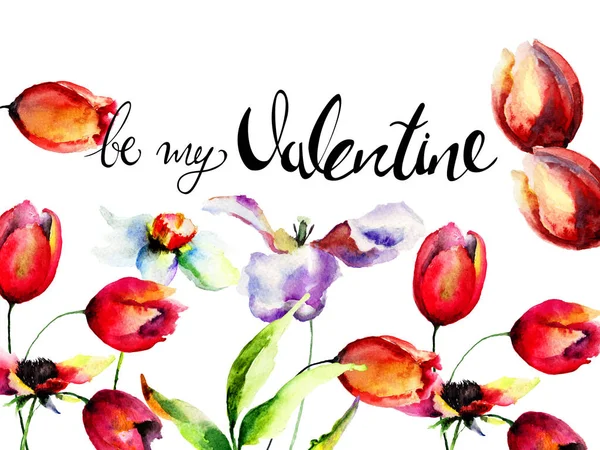 Tulpen Und Narzissenblumen Mit Dem Titel Mein Valentinstag Aquarell Illustration — Stockfoto