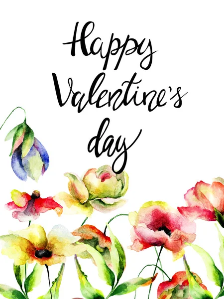 Aquarell Illustration Mit Blumen Und Titel Glücklicher Valentinstag Handgemalte Zeichnung — Stockfoto