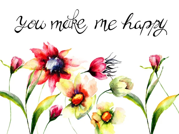 Flores Colores Con Título Que Hacen Feliz Ilustración Acuarela Dibujado — Foto de Stock