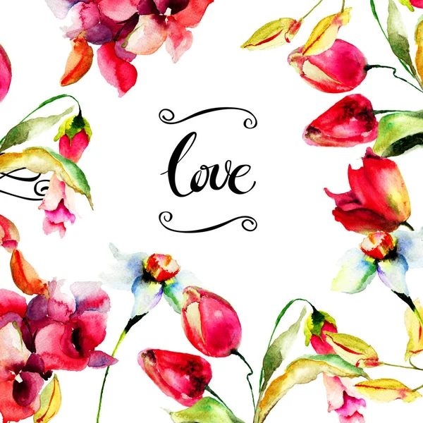 Wiosenne Kwiaty Tytułu Miłość Akwarela Malarstwo Ręcznie Malowane Drawin — Zdjęcie stockowe
