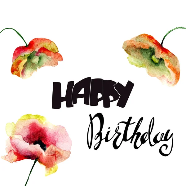 Klaproos Bloemen Met Titel Happy Birthday Aquarel Illustratie Kaartsjabloon Voor — Stockfoto