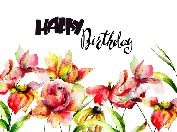 Wilde Bloemen Met Titel Happy Birthday Aquarel Illustratie Hand Geschilderd — Stockfoto