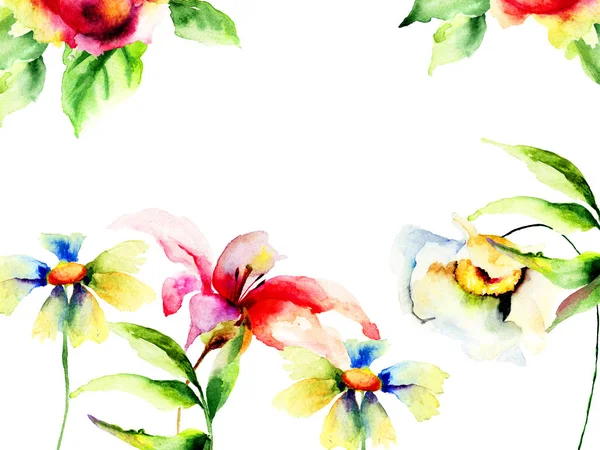 Spring flowers, Watercolor painting, template for greeting car