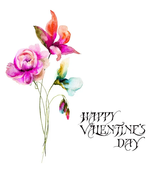 Lente Bloemen Aquarel Illustratie Met Titel Happy Valentines — Stockfoto