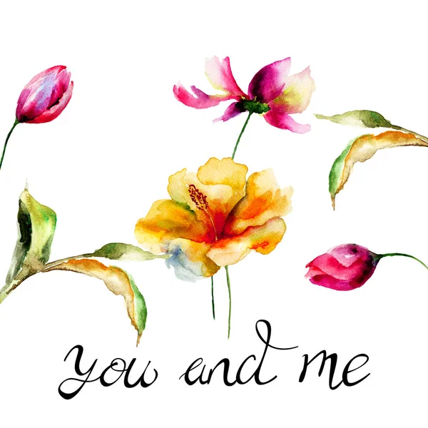 郁金香和百合花与标题您和我 水彩例证 手工绘的文字花样 — 图库照片