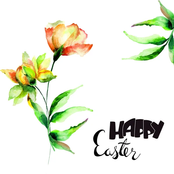 菊花和罂粟花与标题复活节快乐 水彩插图 Drawin — 图库照片
