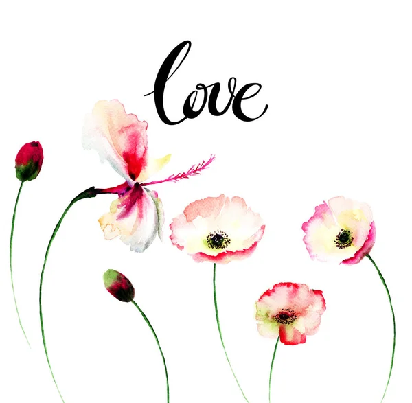 Poppy Lily Flowers Title Love Watercolor Illustration Card Template Birthday — Stock Photo, Image