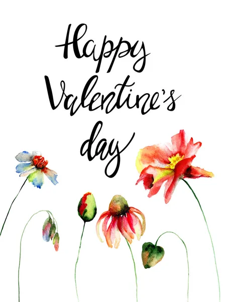 Kleurrijke Wilde Bloemen Met Titel Happy Valentines Day Aquarel Illustratio — Stockfoto