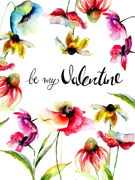 タイトルに夏の花の水彩イラスト私のバレンタインになる 手描きの図面 書道とグリーティング カードのテンプレート — ストック写真