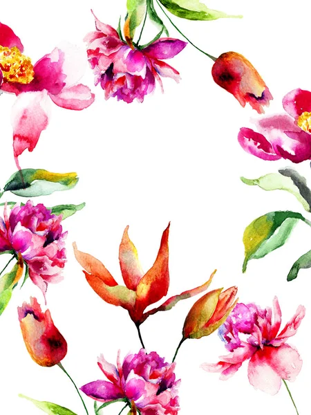 Wilde Bloemen Aquarel Illustratie Kaartsjabloon Voor Verjaardag Bruiloft Andere — Stockfoto