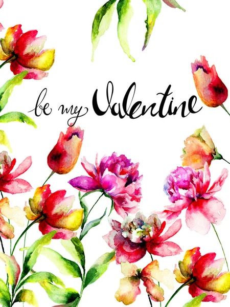 チューリップと牡丹の花のタイトルが私のバレンタイン 水彩イラスト 手描きの線画設定集 — ストック写真