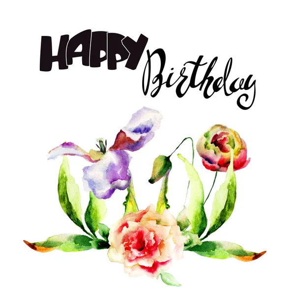 Originele Zomerbloemen Met Titel Happy Birthday Aquarel Illustratio — Stockfoto