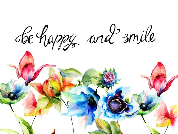 Orijinal Başlık Çiçeklerle Mutlu Smile Sulu Boya Illustratio — Stok fotoğraf