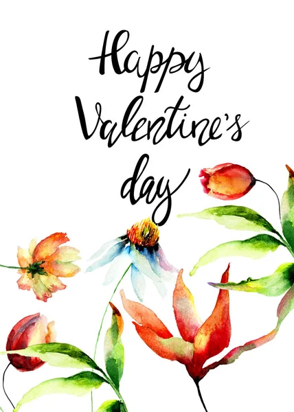 Divoké Květy Akvarel Obrázek Názvem Happy Valentines — Stock fotografie