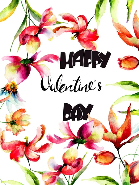 Fleurs Sauvages Avec Titre Happy Valentines Day Aquarelle Illustratio — Photo