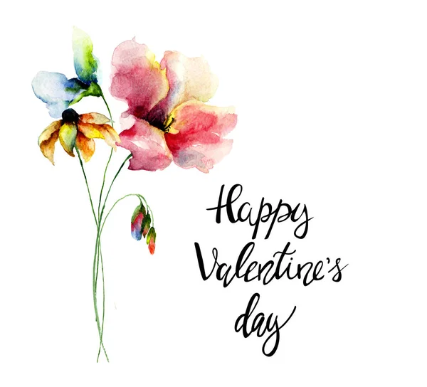 Původní Letní Květiny Názvem Happy Valentines Den Akvarel Ilustrace Ručně — Stock fotografie