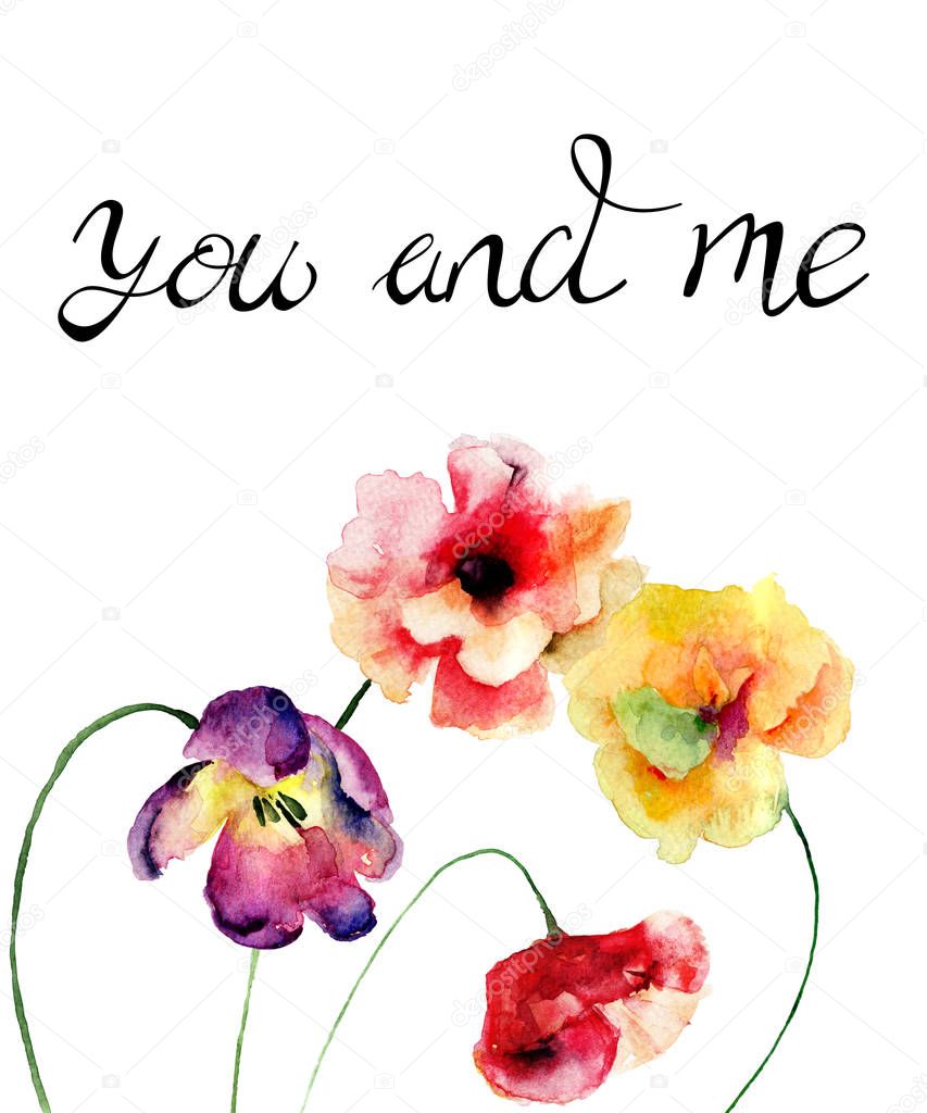 Tulip and Poppies flowers with title you and me, watercolour illustration, Hand painted drawing