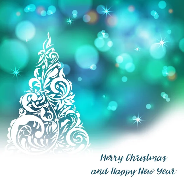 Vetor Estilizado Árvore Natal Fundo Bokeh Decorativo Feliz Natal Lettering —  Vetores de Stock
