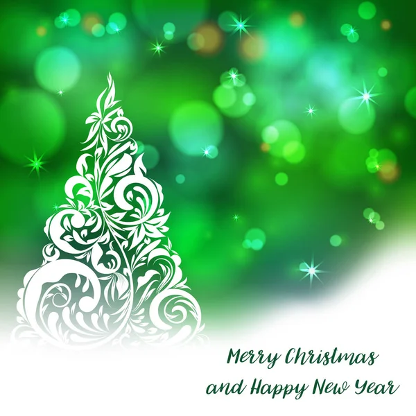 Vetor Estilizado Árvore Natal Fundo Bokeh Decorativo Feliz Natal Lettering — Vetor de Stock