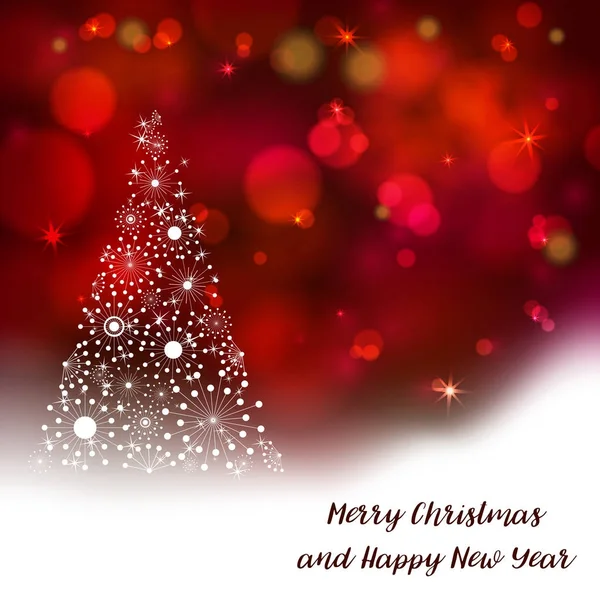 Vetor Estilizado Árvore Natal Fundo Bokeh Decorativo Feliz Natal Lettering — Vetor de Stock