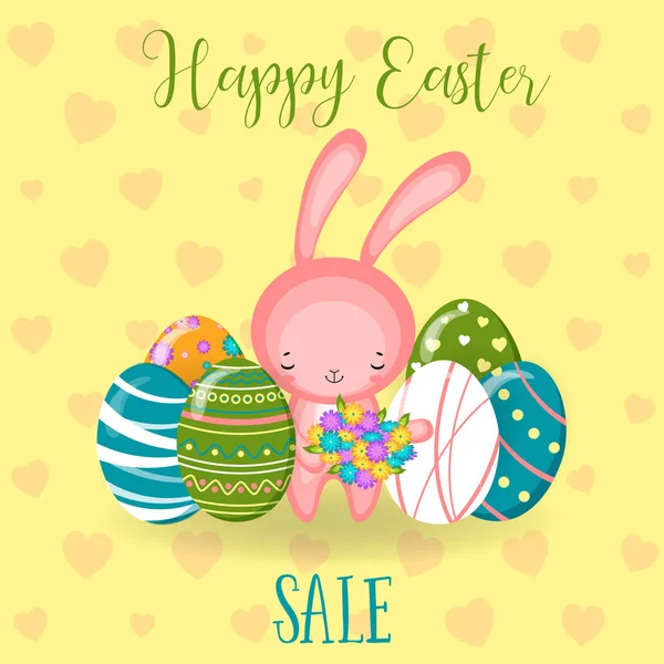 Greeting cards with cute Easter bunny, Easter eggs — Stock Vector