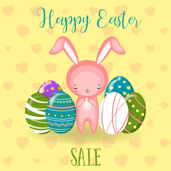 Cartões de saudação com bonito coelho da Páscoa, ovos de Páscoa — Vetor de Stock