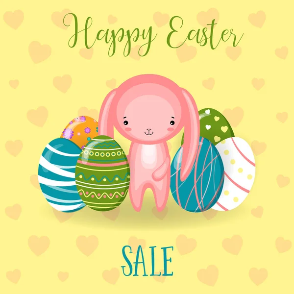 Tarjetas de felicitación con lindo conejo de Pascua, huevos de Pascua — Archivo Imágenes Vectoriales