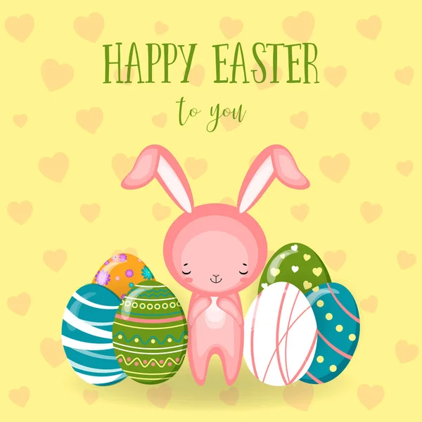 Tarjetas de felicitación con lindo conejo de Pascua, huevos de Pascua — Archivo Imágenes Vectoriales