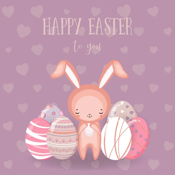 Conjunto de lindo conejo de Pascua, huevos de Pascua y flores — Archivo Imágenes Vectoriales