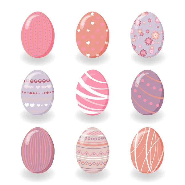 Conjunto de lindo conejo de Pascua, huevos de Pascua y flores — Vector de stock