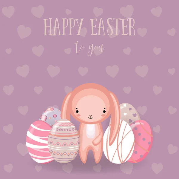 Conjunto de lindo conejo de Pascua, huevos de Pascua y flores — Archivo Imágenes Vectoriales