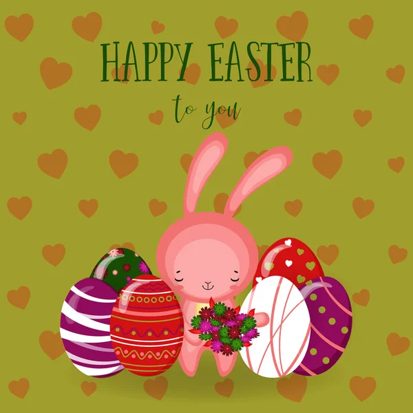 Conjunto de lindo conejito de Pascua. Huevos y flores de Pascua — Archivo Imágenes Vectoriales